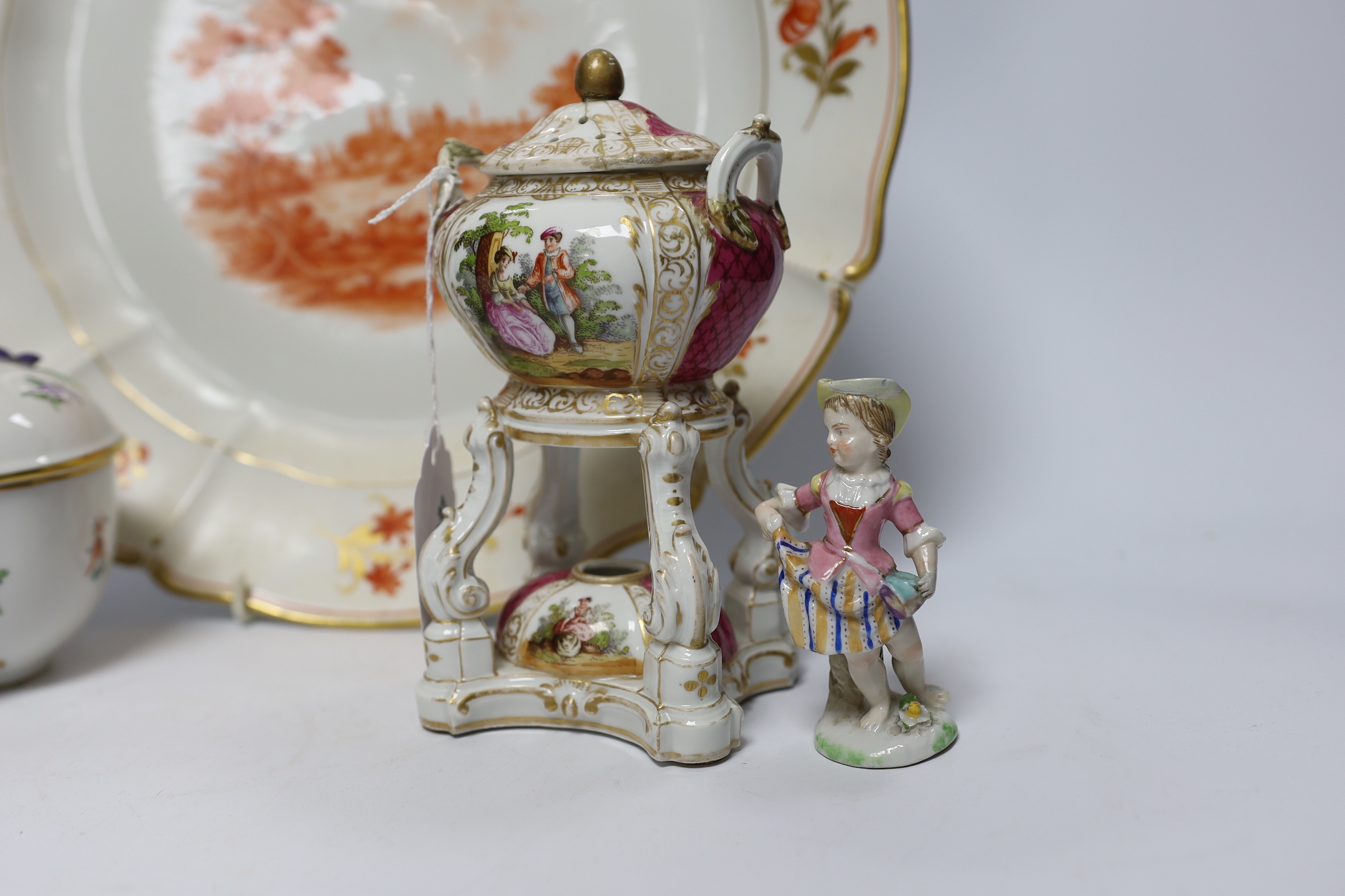 A Dresden porcelain box and cover, a Berlin brule parfum, two figures and a Nymphenburg Munich 1880-1980 commemorative dish, diameter of the dish 33cm